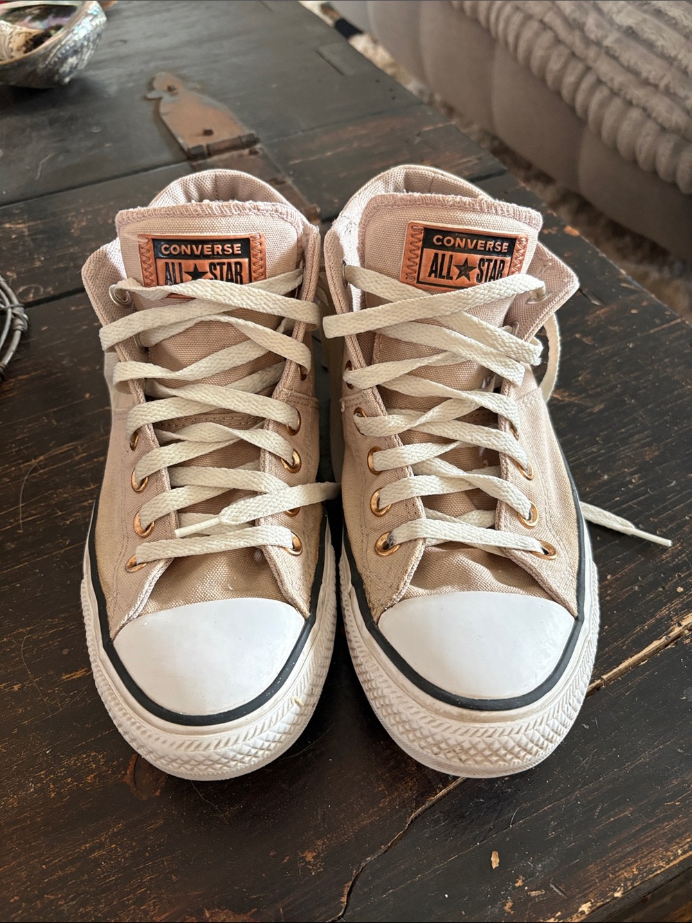 Converse womens Beige Canvas High-Top Sneakers with Gold Eyelets